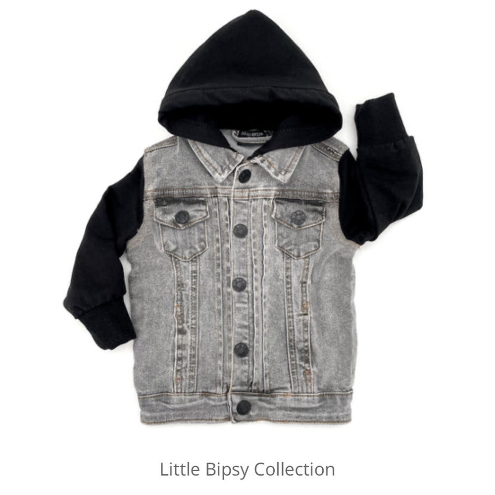 Little Bipsy Hooded Denim Jacket- washed grey, 2-3T, new with tags